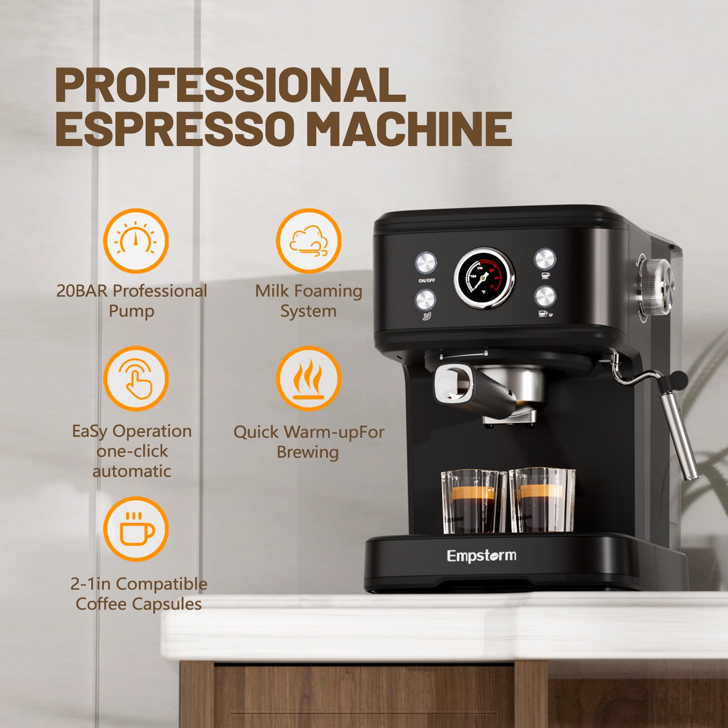 Empstorm 20 Bar Espresso Machine with Milk Frother Steam Wand, 3-in-1 Coffee Maker, Compatible with NS Capsules, Stainless Steel, for Latte & Cappuccino, Black