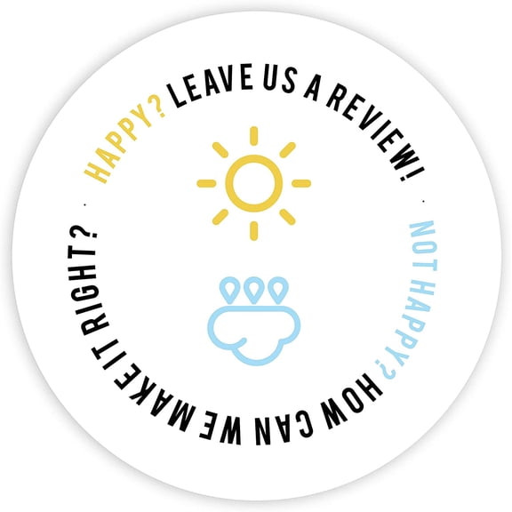 Koyal Wholesale Round Small Business Labels, Happy? Leave Us A Review, Not Happy?, Yellow Sun, Blue Cloud, Set of 120