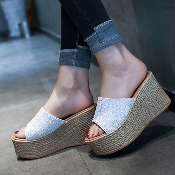 Sandalias Mujer Tacón inclinado Punta abierta Lentejuelas Zapatillas Cómodas Zapatos de playa Chanclas Wmkox8yii hj789
