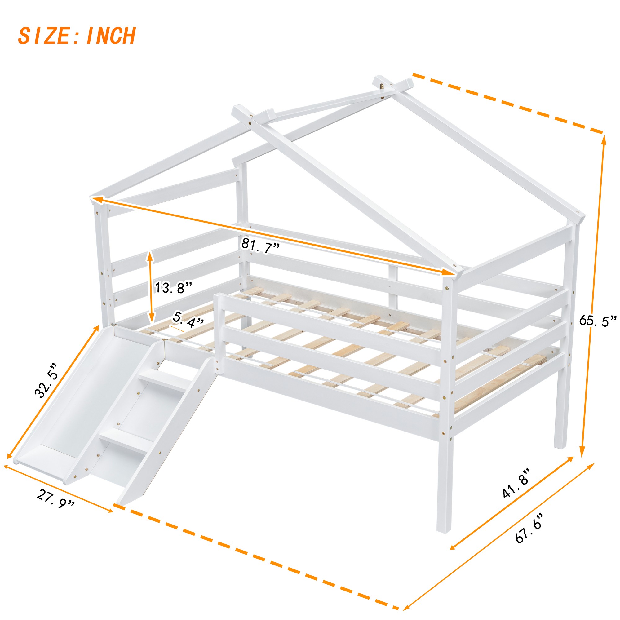 Aukfa Twin Low Loft Bed with Slide for Kids, Wood House Roof Bed Frame for Girls/Boys Bedroom, White