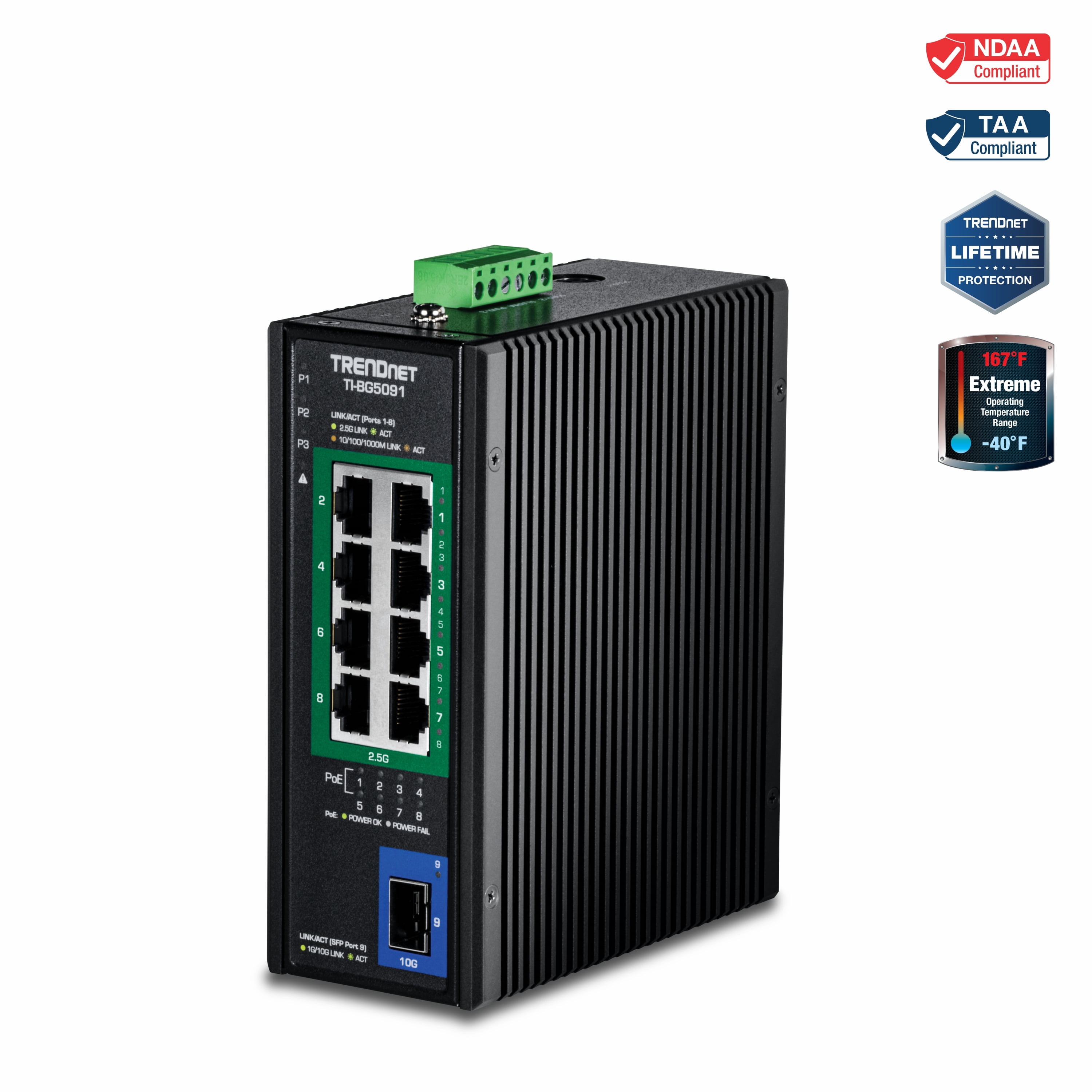 TRENDnet TI-BG5091, 9-Port Industrial 2.5G DIN-Rail PoE++ Switch with 10G SFP+ Port