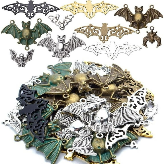 100g (about 30 pieces) Metal Alloy Bat Pendant Charm Mixed Halloween Flittermouse Flying Vampire Connector Charms for Jewelry Making Bracelet Necklace