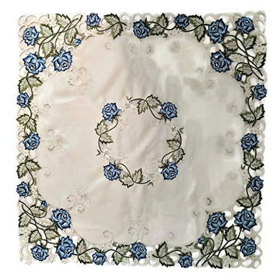 Doily Boutique Tablecloth or Table Topper Square Embroidered with Victorian Blue Roses, Size 34 inches