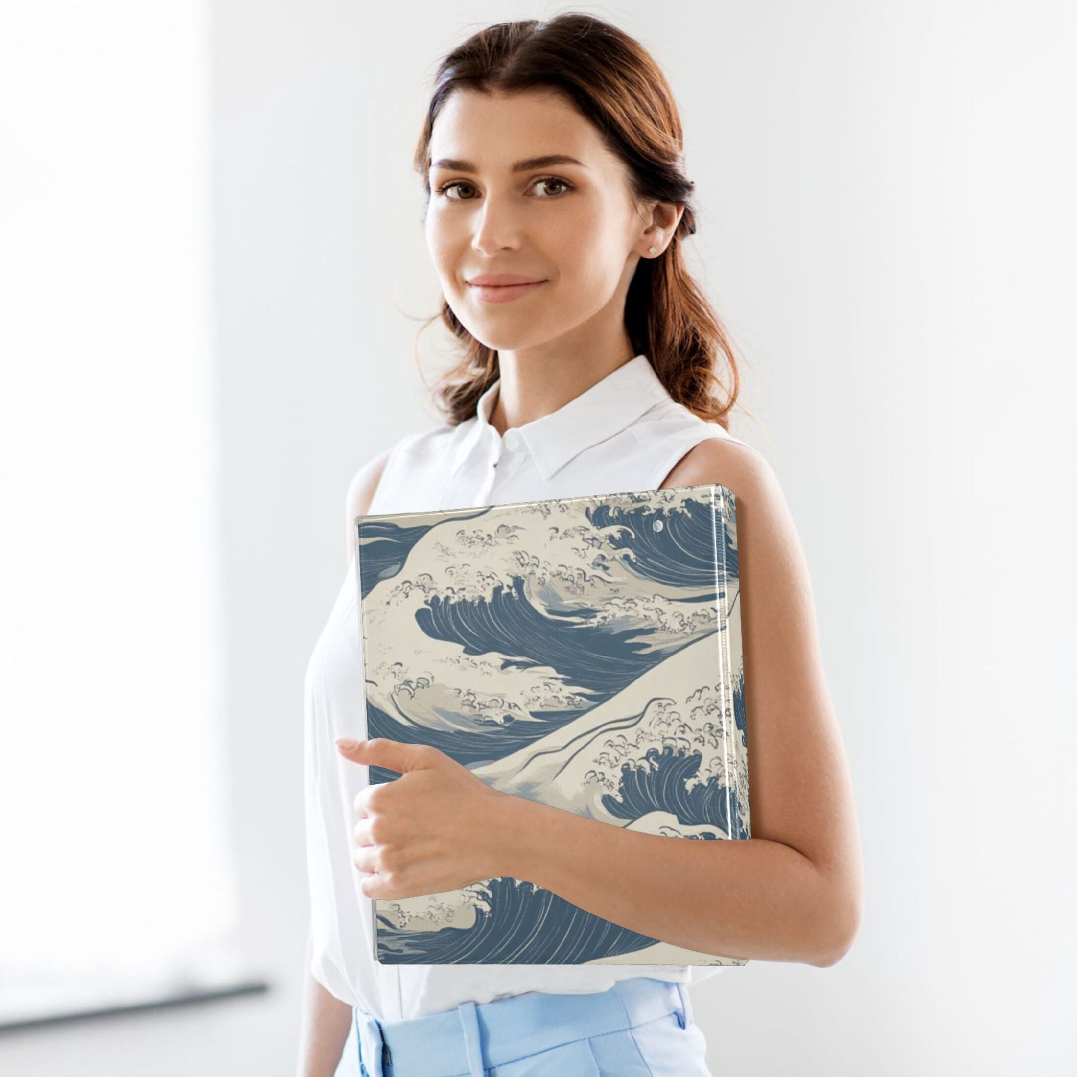 Waves Blue 3 Ring Binders 1.5 inch Hardcover File Folders with Interior Pockets A4 Size Organizer for School Office Hospital Set of 2