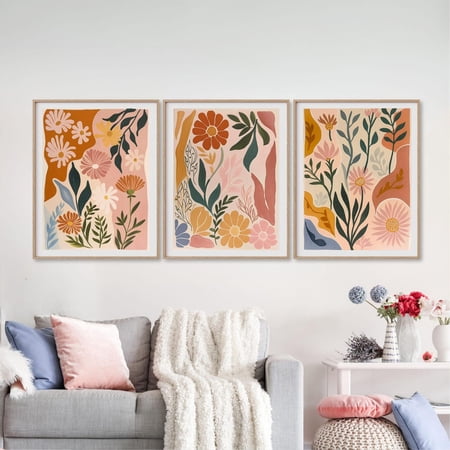 UNFFRAMED Abstract Flower Botanical Poster Set, Boho Flower Wall Art Flower Market Poster, Aesthetic Pastel Art Decor, Retro Flower Poster Set 3 Prints 8x12
