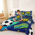 thumbnail image 3 of Manfei Cartoon Football Queen Bedding, Sports Goal Time Print Bedding Comforter Set Queen, Royal Blue Gold, Navy Reversible 7pcs, 3 of 6