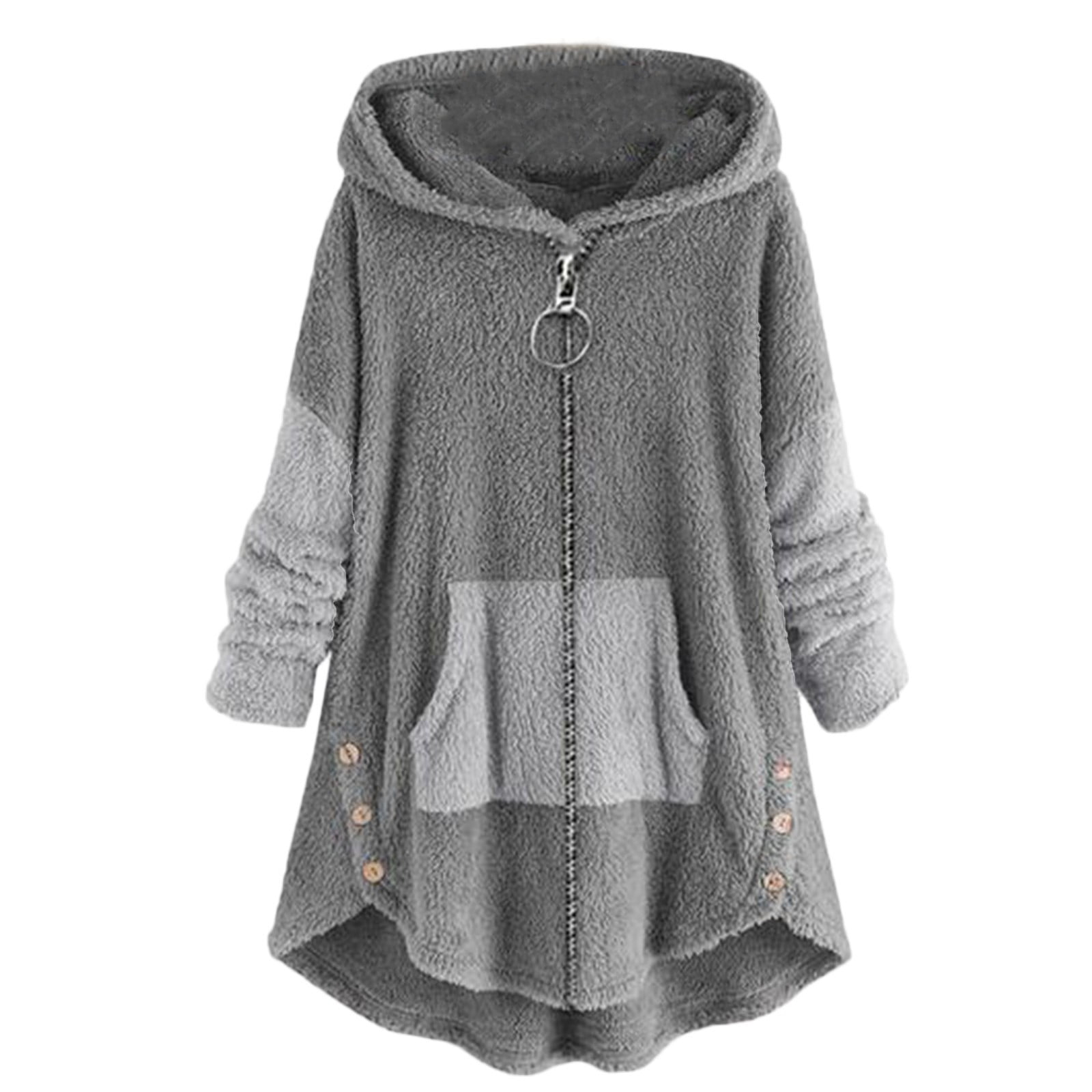 Long sleeve cozy fleece hooded asymmetrical button coat sale