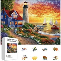 300Pcs Seaside Lighthouse Wooden Jigsaw Puzzles for Adult Learning Garden Sunset Colorful Unique Animal Shaped Jigsaw Puzzles for Holiday Birthday