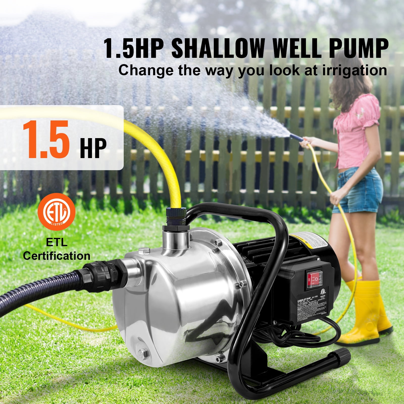 KFFKFF Surface Well Pump, 1.5 HP 115V, 1200 GPH at 164 ft Elevation, Maximum Pressure of 87 psi, Portable Stainless Steel Jet Pumps for Garden Lawn Watering System, Lake Fountain, and Water Movement