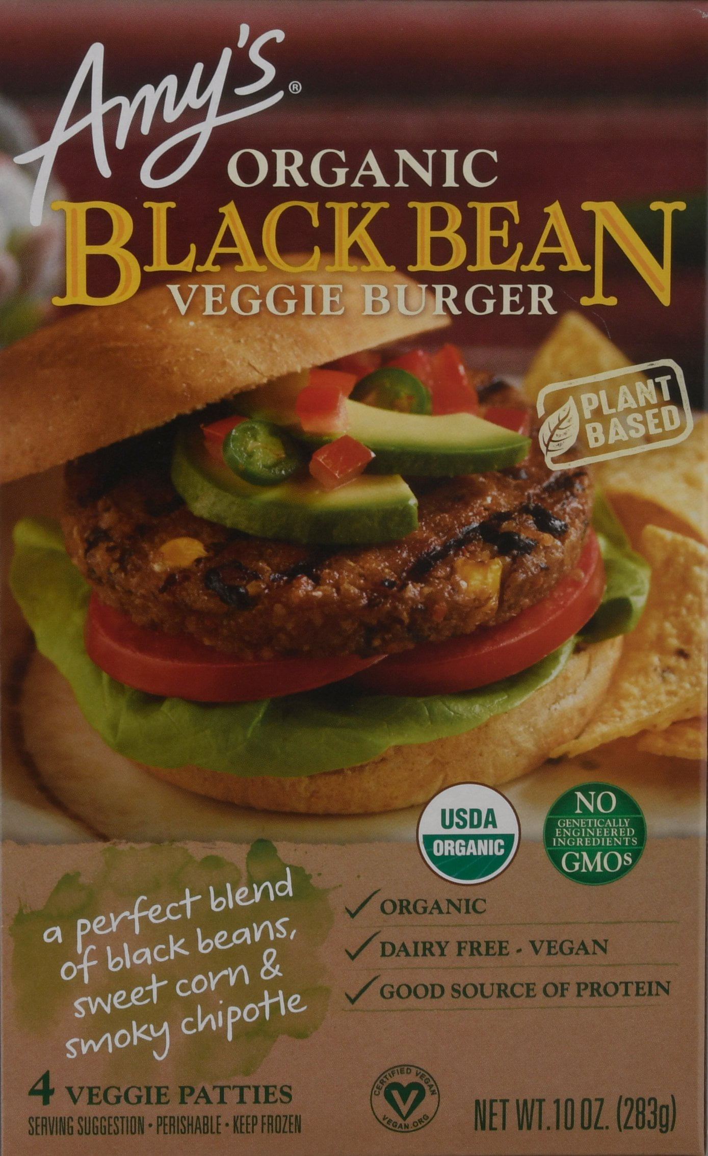 (2 pack) Amys Organic Black Bean Veggie Burgers, 10oz, 4 Count, NON GMO, Frozen, Paperboard Box