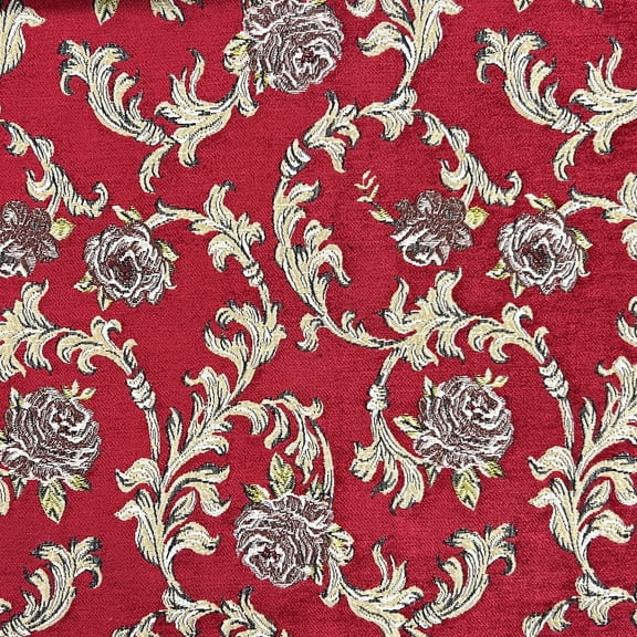 Decora Furnishings Vintage Floral Scroll Design Premium Chenille Jacquard Fabric for Upholstery, Craft - Width 54 inches - Fabric by The Yard (Red)