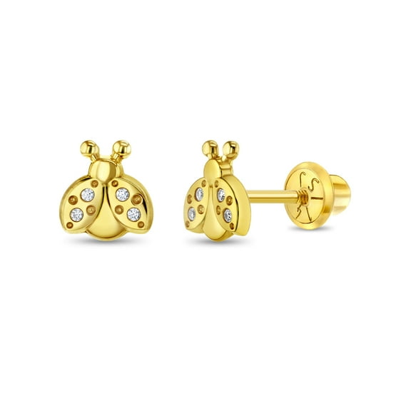 14k Gold Ladybug Clear CZ Kids / Children's / Girls Earrings Safety Screw Back