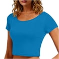 thumbnail image 2 of VSSSJ Crop Tops pour Femmes Manches Courtes Col Rond Extensible Chemise Décontractée Ajustée Solide Confortable Été Basique T-Shirts Courts Bleu Ciel Taille Unique, 2 of 5