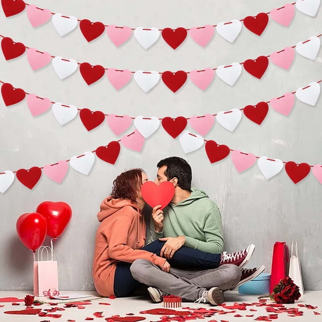 Guirnalda de San Valentín con forma de corazón | Set de 10 banderines decorativos de papel románticos | Tela hecha a mano | Longitud ajustable | Decoración para dormitorio, ventana, oficina, fiesta