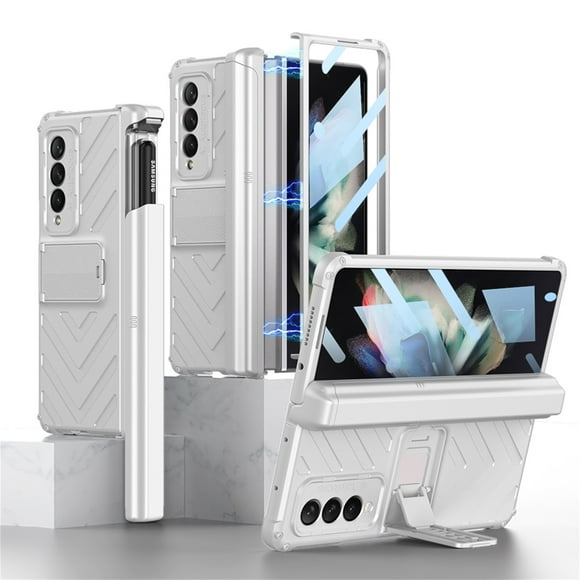 SaniMore for Samsung Galaxy Z Fold 3 Tempered Glass Screen Case, Rugged PC Case with Pen Holder Adjustable Kickstand Wireless Charging Shockproof Protective Case for Samsung Z Fold 3, Silver