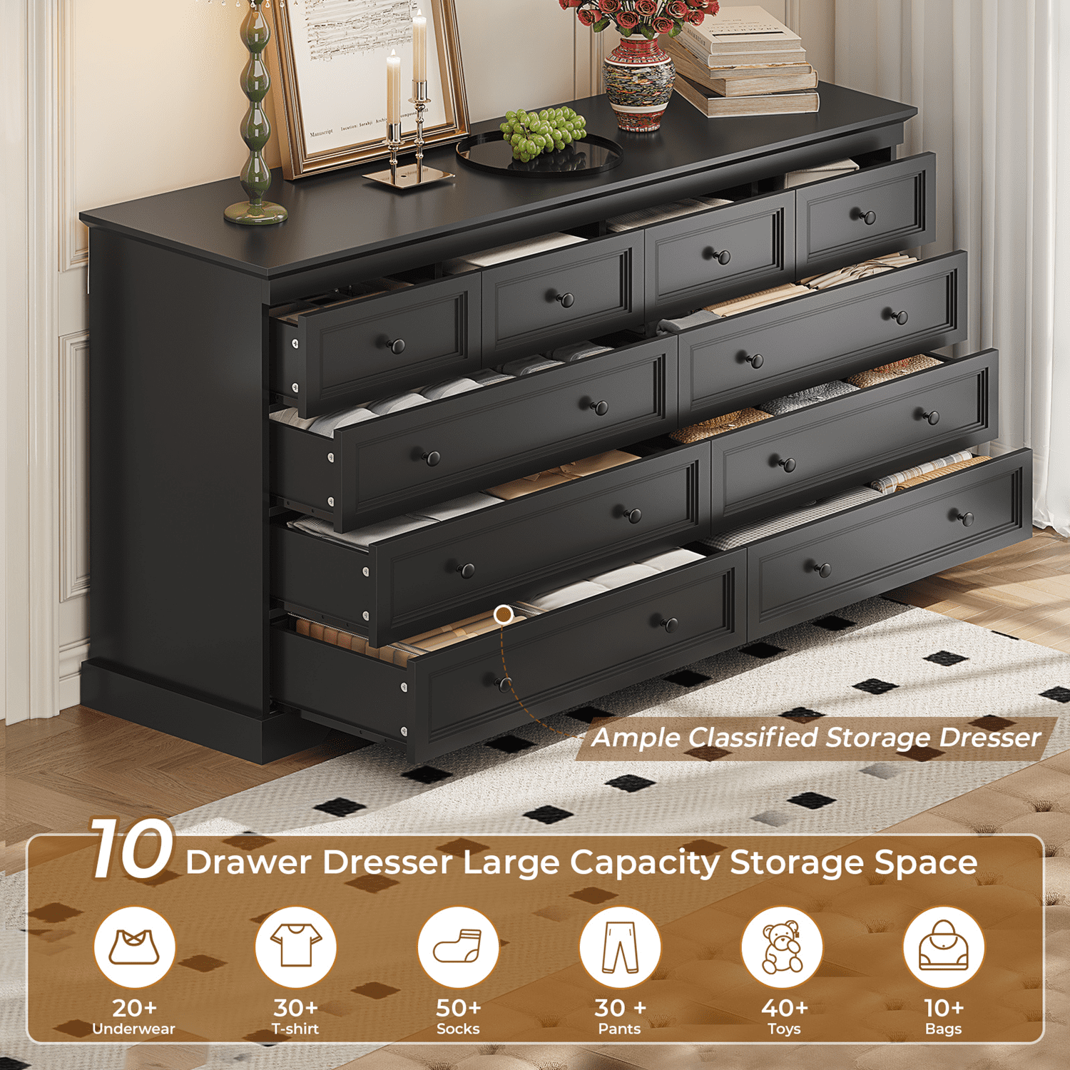 Plonmago Black Dresser for Bedroom,10 Drawers Dresser, 55" Wood Large Dressers with 10 Drawers, Chest of Drawers for Bedroom, Living Room