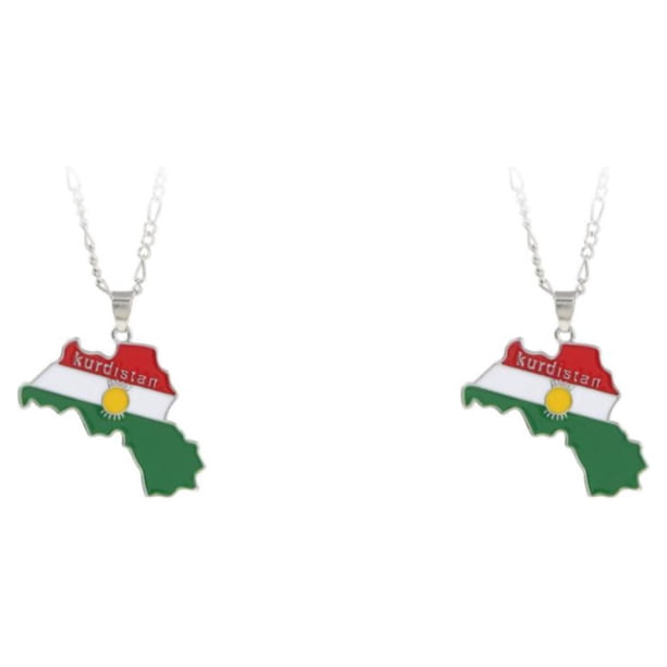 Qarigey Aleación elegante y única que capta la atención con collar con colgante de bandera de tarjetas de Kurdistán, plata plata 2Conjunto