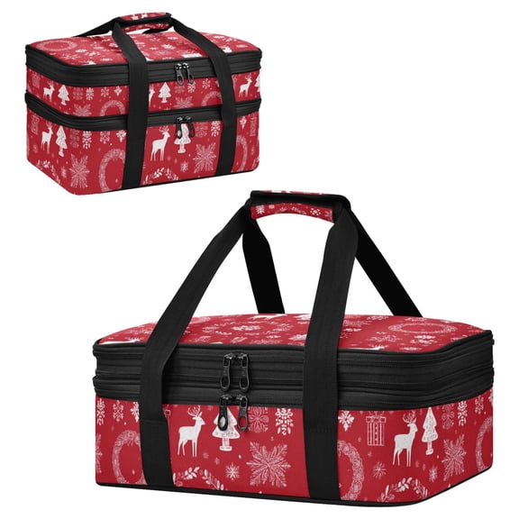 Large Double Decker Insulated Casserole Carrier Expandable 2-Layer Thermal Food Tote Bag Christmas-themed Pictorial Pattern Hot Cold Pizza Lasagna Holder for Potluck Picnic Party Camping