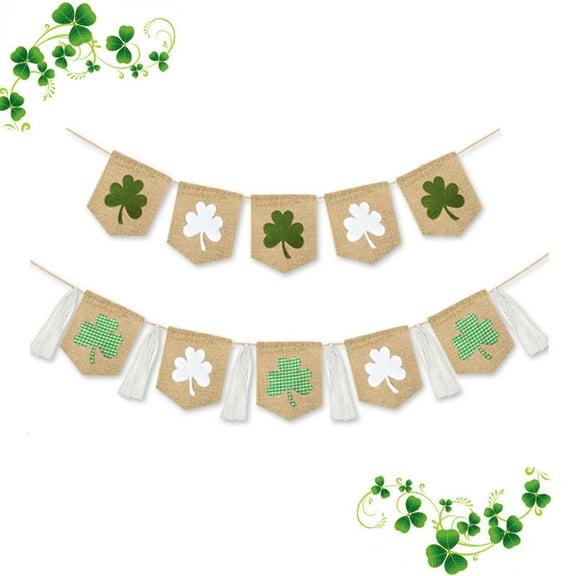 St. Patrick's Day Banner Decoration, Pre-Assembled Cartoon Holiday Flag Garland Double-Sided Green Lucky Shamrock Clover Banner Spring Irish Home Party Supplies
