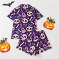 thumbnail image 2 of Matching Pajama Set for Women Halloween Classic Pajama Set Pumpkin Ghost Bat Print Short Sleeve Button Down Collared Shirt and Relaxed Fit Shorts Women's Sleepwear Purple S, 2 of 7