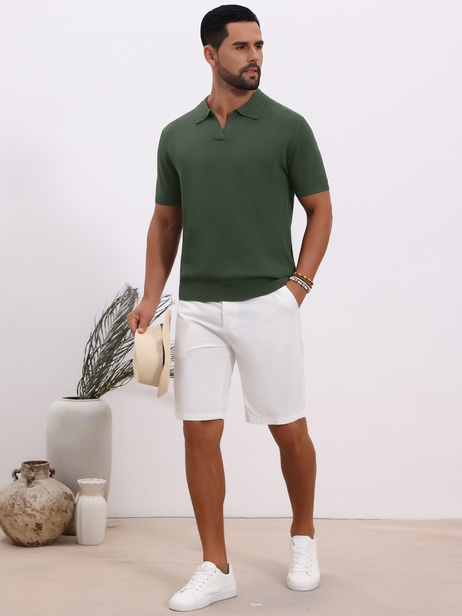 DARING DIVA Men's Textured Knit V Neck Short Sleeve Casual Golf Polo Shirt 2XL Olive Green