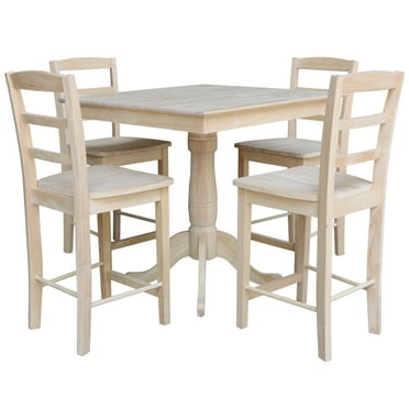 International Concepts 36" x 36" Square Top Pedestal Table With 4 Counter Height Stools (Set of 5) - Unfinished