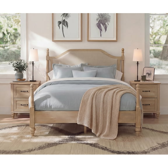 3 Piece Queen Bedroom Set, Bed Frame & 2 Nightstands with Charging Station & 2 Drawers, Oak