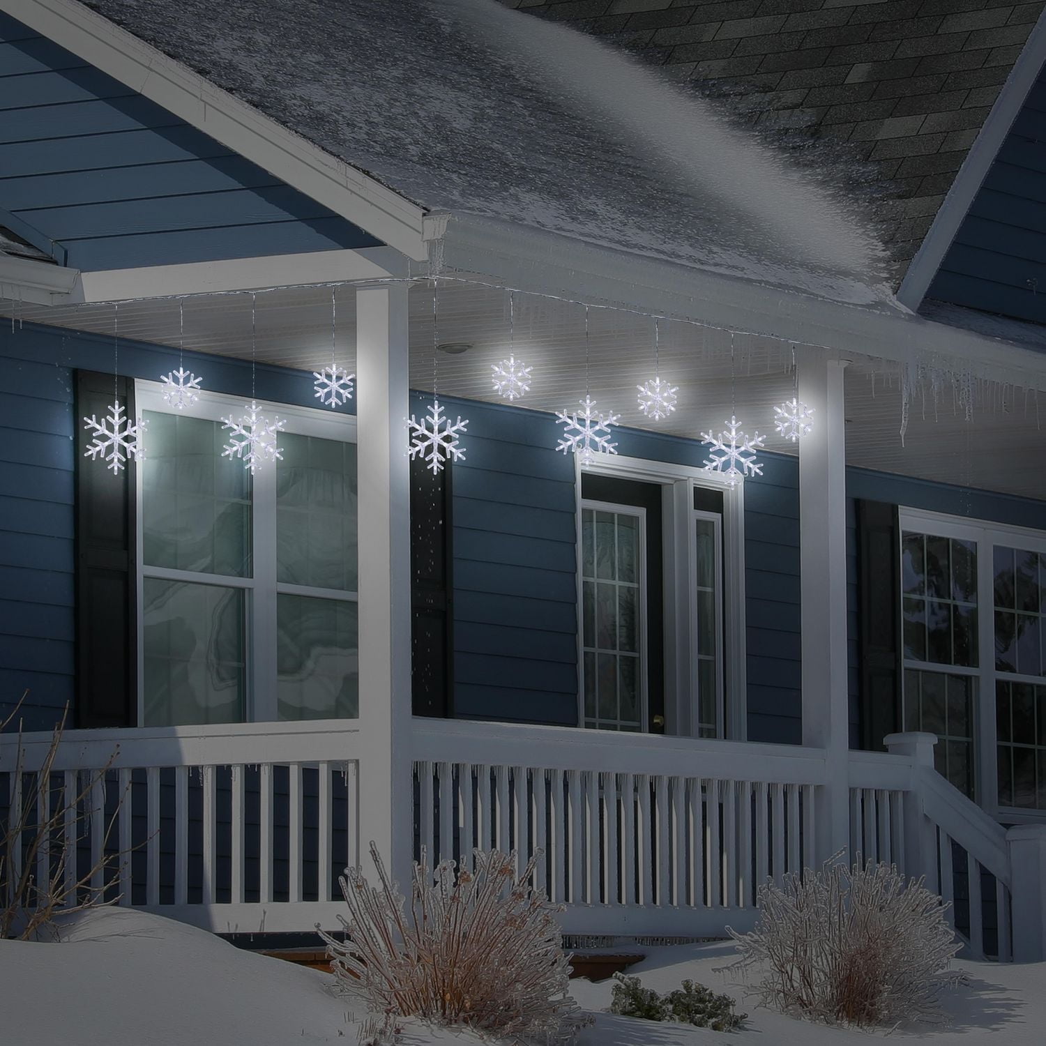 10 MIXED SIZE TWINKLING WHITE SNOWFLAKE ICICLE LIGHTS, 150 PURE WHITE LED, INDOOR/OUTDOOR