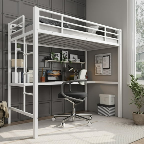 Huisuilinss Loft Bed Twin Size,Twin Size Loft Bed With Large Desk And Storage Shelves,Metal Loft Bed With Safety Guardrail And Ladder For Small Space Saving Design For Bedroom Dorm