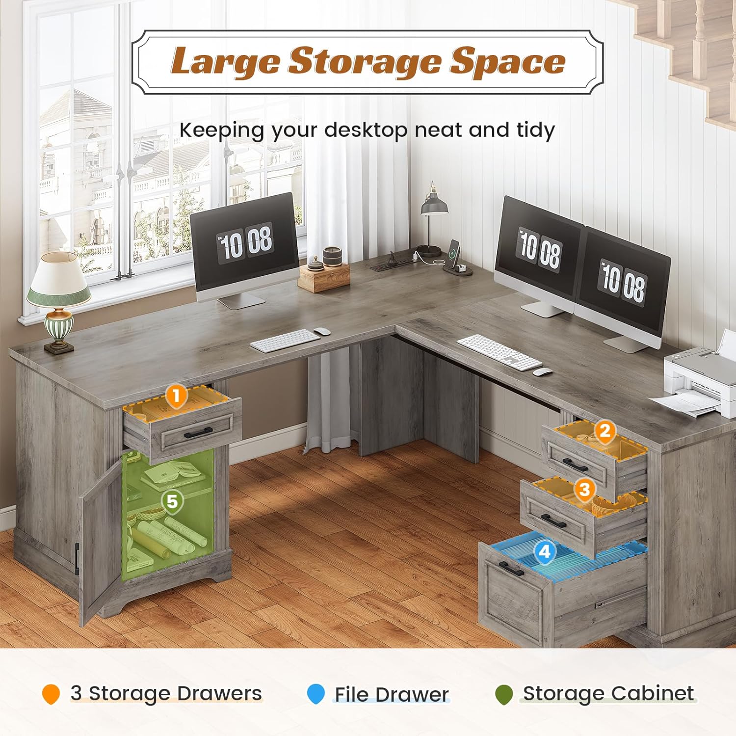L Shaped Office Desk with Large Workspace & Charging Station, Computer Desk with 4 Drawers & Cabinet, Oak Gray