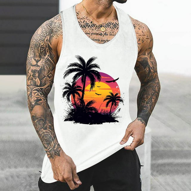 Styesk Tank Tops Men Men's Tank Colorless Gradient Printing Round Neck Thin Strap Leakage Back Regular Casual Sports Tank Blouses