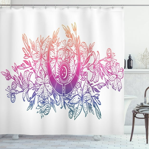 Alchemy Shower Curtain, Lily Flowers and Crescent Moon with Color Change Effect Print, Fabric Bathroom Set with Hooks, 69W X 84L Inches Extra Long, Multicolor, by Ambesonne