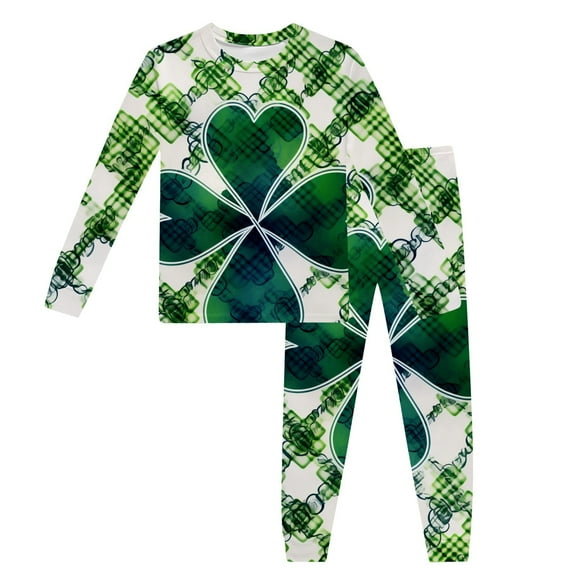 Xijirk Kids St Patricks Day Homewear Set Long Sleeve Cartoon Print Top Pants Pajamas Cozy Loungewear Nightwear Holiday Theme Comfortable Sleepwear,2-3 Years,Dark Green