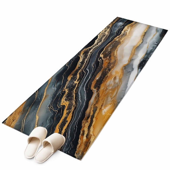 Marble Black Golden Large Area Rugs for Bedroom Living Room, Soft Non Slip Carpet Bedside Rug, Aesthetics Modern Abstract Ink Painted Rectangular Floor Cover Kitchen Accent Rug 2'x6' for Office