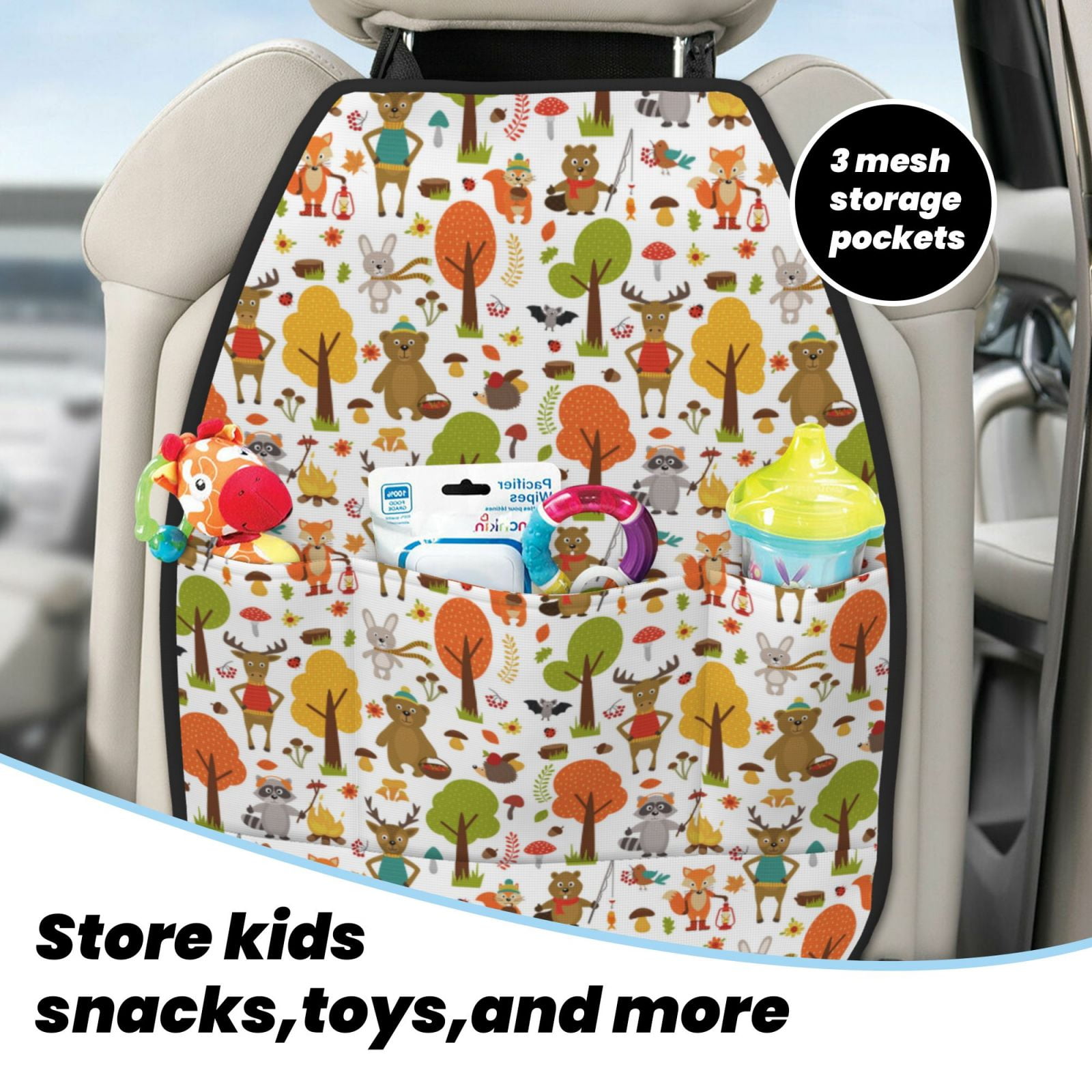 Kdxio Animals Forest Print 2 Pack Car Kick Mat Seat Cover Back Protector Mat with Pockets for Organizer Backseat Protector and Storage Anti Kick Pad for Vehicles