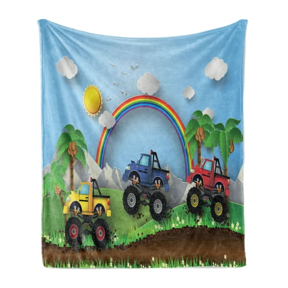 Monster Truck Soft Flannel Fleece Throw Blanket, Graphic Colorful Monster Trucks Racing on Skid Trail in Exotic Environment, Cozy Plush for Indoor and Outdoor Use, 60" x 80", Multicolor, by Ambesonne