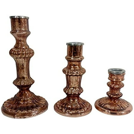 Candle Holders Set of 3, Antique Copper Candlesticks, Vintage Table Decor, Mercury Glass Holders