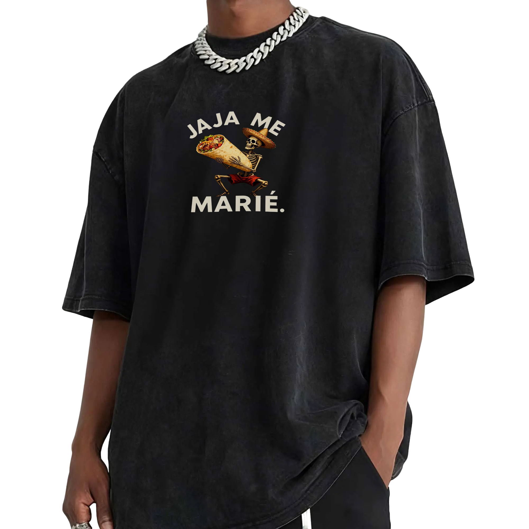 Men Funny Latino Mexican Skeleton Sombrero Holding Giant Taco Jaja Me Marié Text Cartoon Oversized Vintage Acid Wash Black Short Sleeve T-Shirt