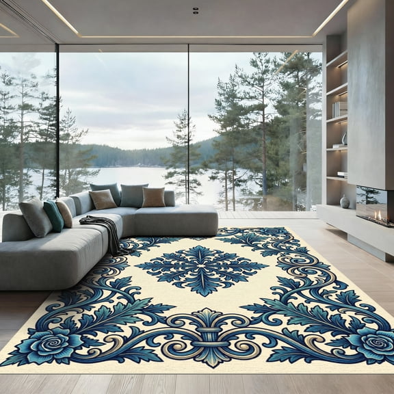 ODIKA 4'x6' Machine Washable Non-Slip Area Rug, Traditional Blue High Traffic Rug, Blue, 1233588