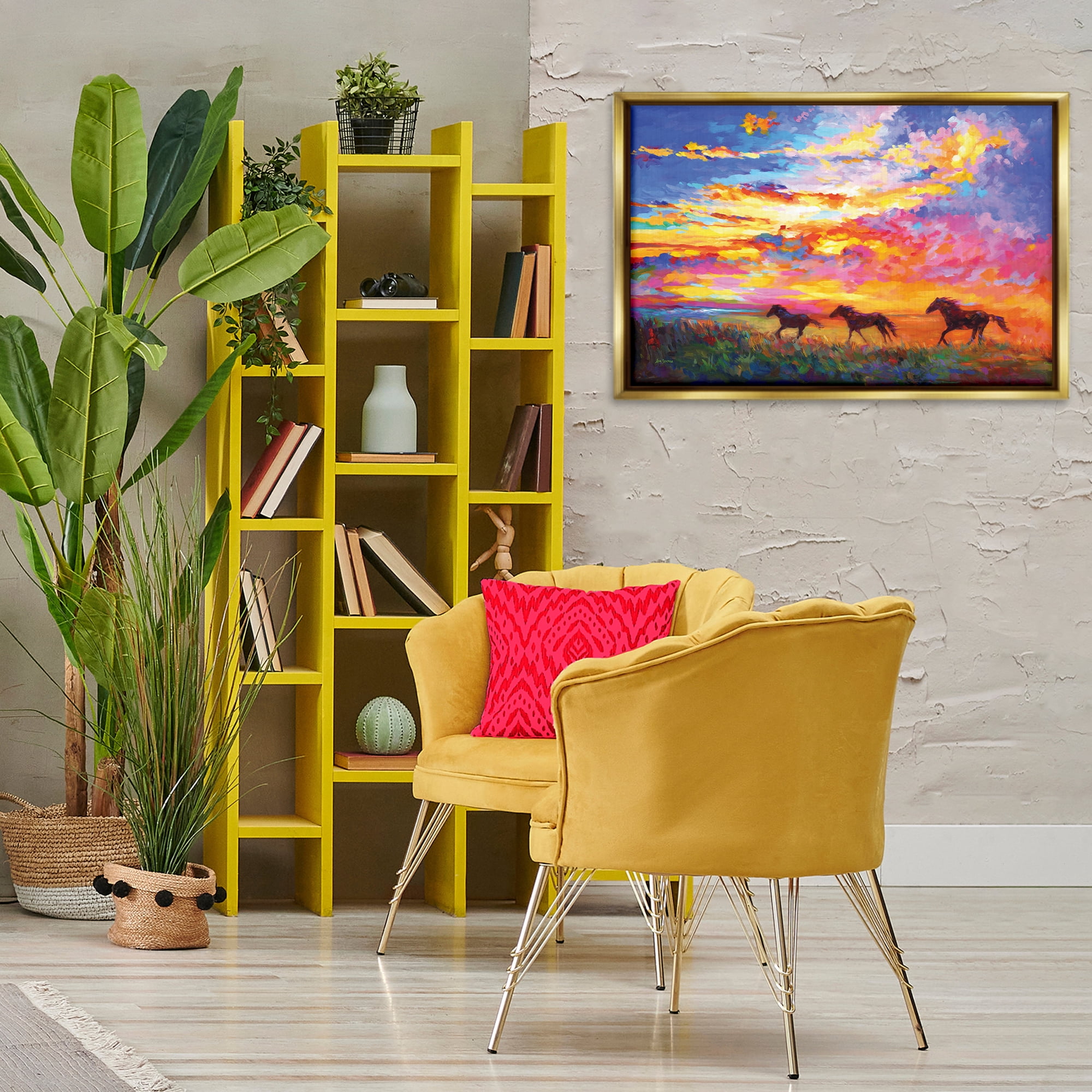 Stupell Industries Wild Horses at Sunset Landscape & Nature Painting Gold Floater Framed Canvas Art Print Wall Art, 31 x 21