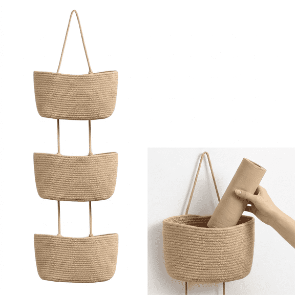 3-Tier Woven Cotton Jute Wall Basket, Over The Door Storage Organizer, Decorative Fruit Basket, Cottage Core Decor for Baby Girl Nursery Home Decor