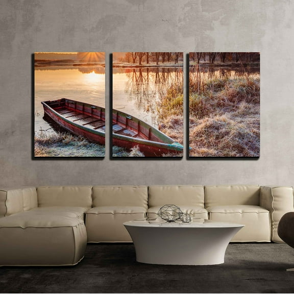 wall26 - 3 Piece Canvas Wall Art - Calm Water of Lake, River and Rowing Fishing Boat at Beautiful Sunrise in Autumn Morning. - Modern Home Art Stretched and Framed Ready to Hang - 24"x36"x3