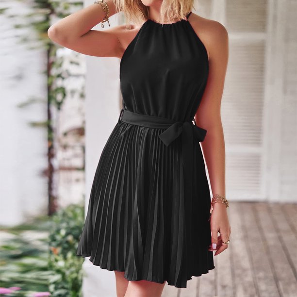 Mini Vestidos Vestido de mujer de una línea de color sólido con cuello halter vestido de sol para cóctel (negro XL) Kuymtek para Mujer Negro T L