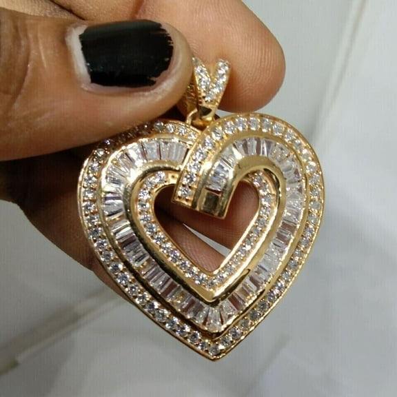 2 Ct Baguette Cut Cubic Zirconia Women Heart Pendant 14K Yellow Gold Plated Silver
