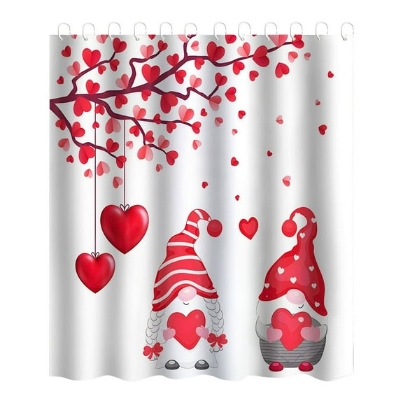 (Clearance) pdqouc Valentines Day Shower Curtain, Valentine's Red Pink Loving Hearts with Cute Gnome Shower Curtains for Bathroom Decor, Romantic Valentine Fabric Shower Curtain