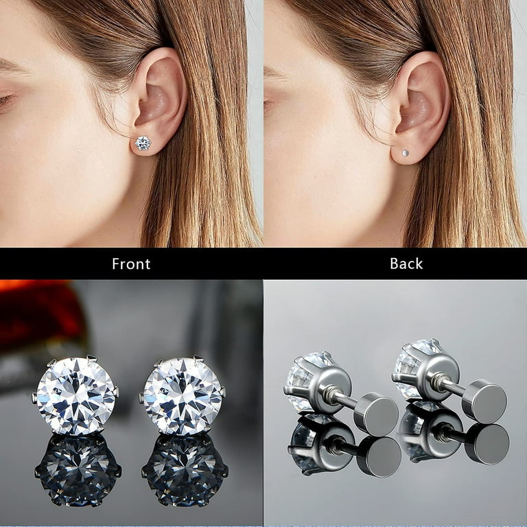 Black Stud Earrings Set for Women Men Hypoallergenic Earrings Stainless Steel Ear Studs Ball Screw-On Back Earrings Stud 3-8mm Black Cubic Zirconia