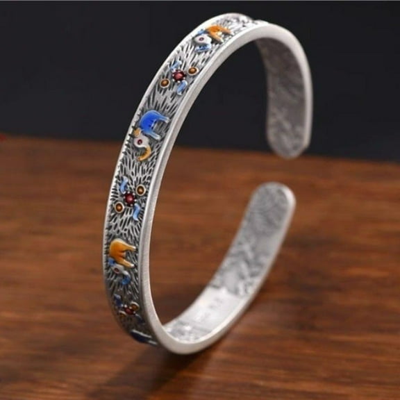 Chinese Enamel Bracelet Silver Tone Cloisonné Bangle Ethnic Style Vintage Fashion Jewelry for Women
