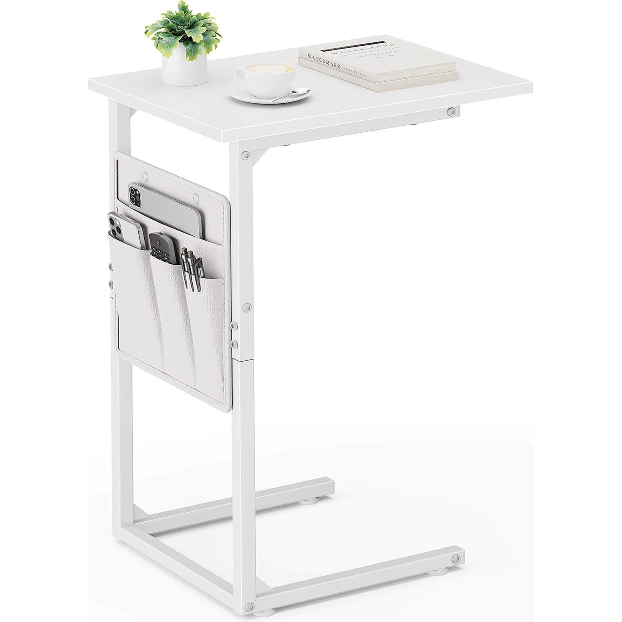 C-Shaped End Table for Couch Small Side Table with Storage Bags Metal Frame White