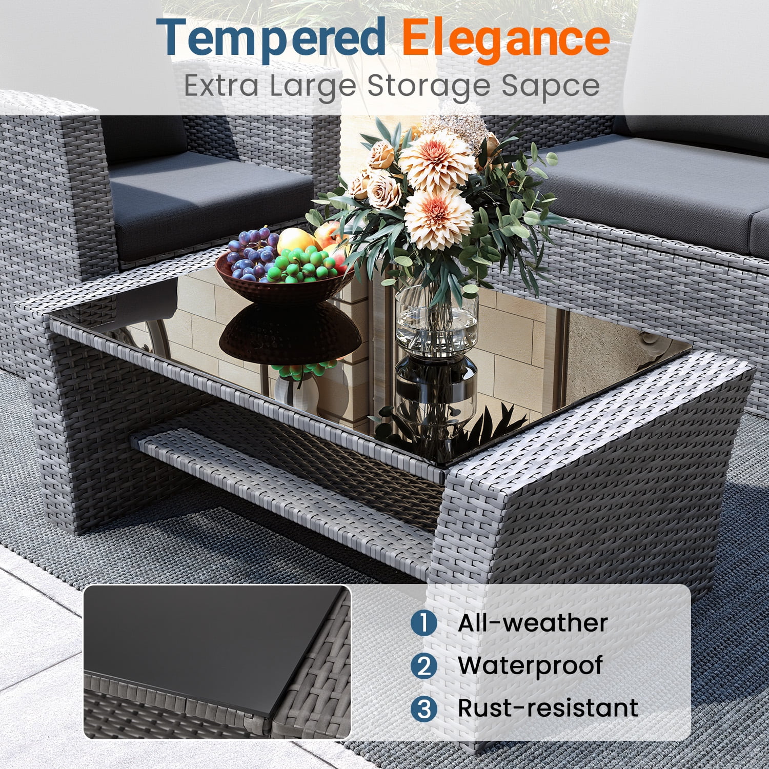Superjoe 4-Piece Outdoor Patio Furniture Sets, Wicker Rattan Conversation Set, Gray Rattan Black Cushion