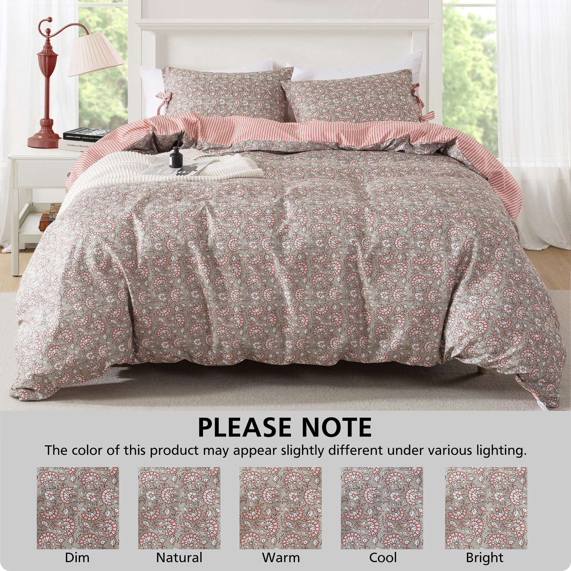 Mainstays Full/Queen Duvet Cover Set, Reversible All-Season, 3-Piece, Green Floral Bowknot